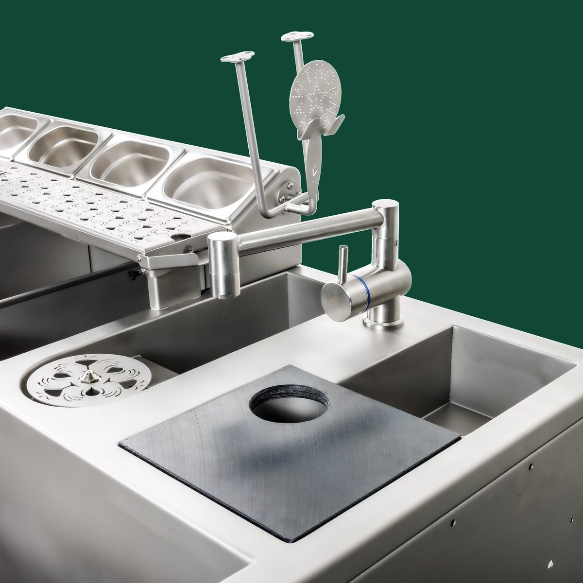 Lagoon work surface with cutting board, sink and swivel tap