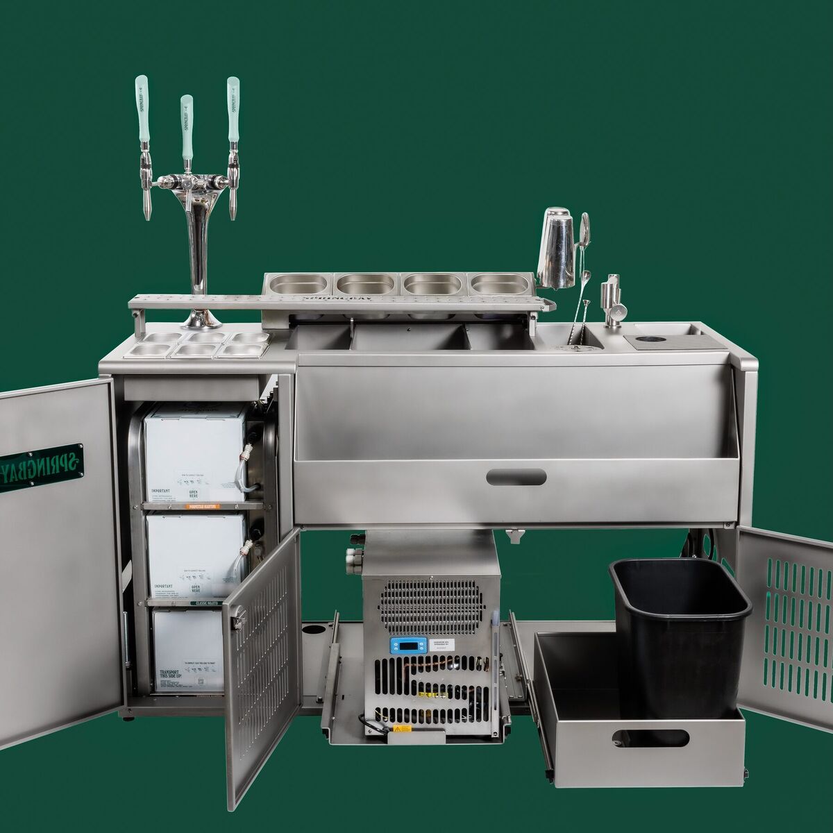Render of the Lagoon with cabinets open: cooling, drawer and waste bin in the base