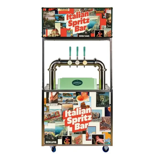 Mobile Spritz Bar: Rollbar mit drei Zapfhähnen und sommerlich bedruckten Italian Spritz Bar-Paneelen