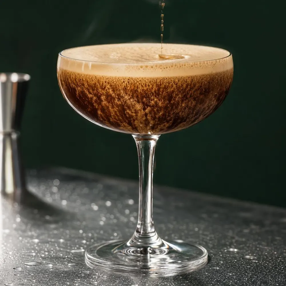 Freshly poured nitro cocktail in a coupe glass, with a cascade of tiny bubbles and a creamy foam head